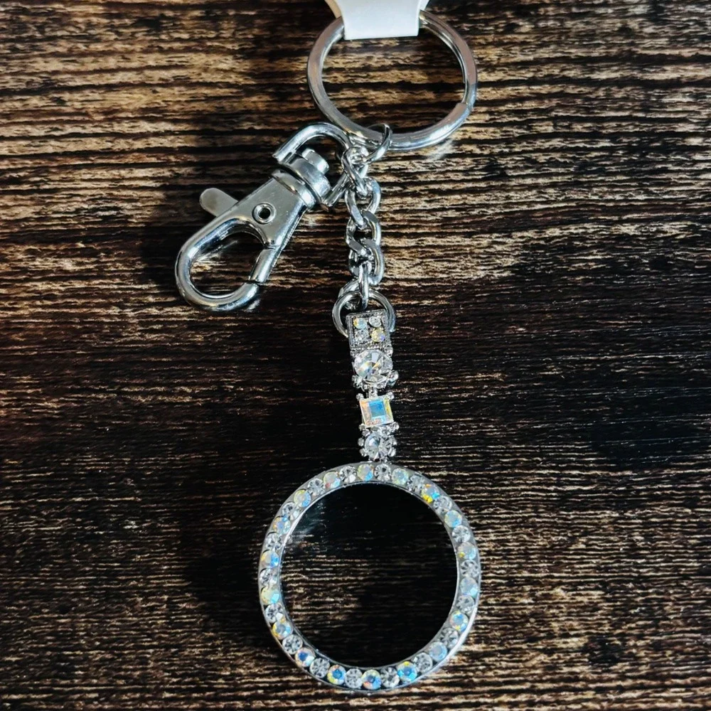 Silver Tone AB Rhinestone Circle Keychain Bag Charm Crystal Accent New
